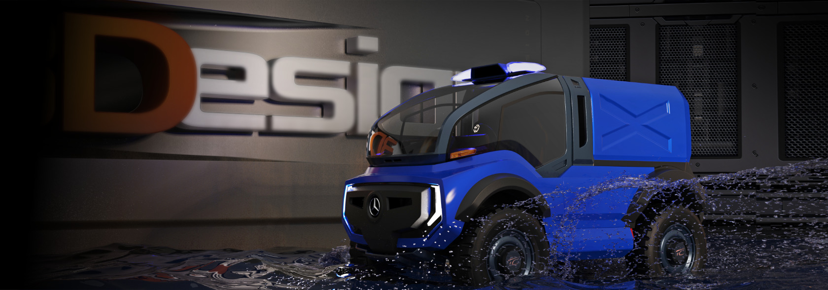 Unimog Show Concept Electric Blue, Messeinszenierung, Fahrzeugvisualisierung Thomas Clever